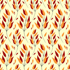 Autumn leaves seamless pattern. Branches with orange and red leafs on ivory background. Best for textile, wallpapers, wrapping paper, package and home decoration.