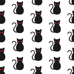 Black cats with red evil eyes on white background. Halloween vector seamless pattern. Best for textile, print, wrapping paper, package and festive decoration.