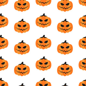 Orange pumpkins on white background. Halloween seamless pattern. Minimalist trendy contemporary design. Best for textile, print, wrapping paper, package and festive decoration.