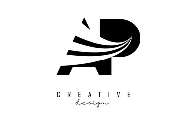 Creative black letters Ap A p logo with leading lines and road concept design. Letters with geometric design.