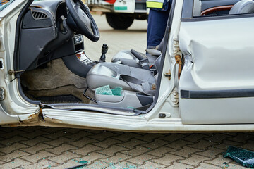 Fototapeta na wymiar Wrecked car after crash traffic accident on road, Concept of dangerous driving after drinking alcohol