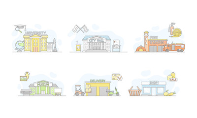 Municipal Services or City Services for Citizens with University and City Hall Department Vector Set