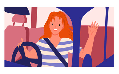 Happy woman driving her car. Riding personal vehicle, spending funny time on road, cheerful female driver vector illustration