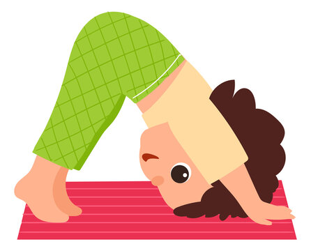 Kid bend on yoga mat. Child physical education