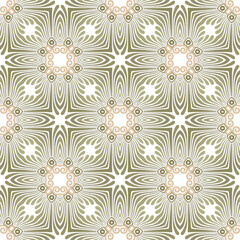 Floral greek style golden seamless pattern. Ornamental ethnic flourish white background. Vector patterned repeat backdrop. Flowery gold radial ornaments. Abstract flowers, swirls. Endless texture