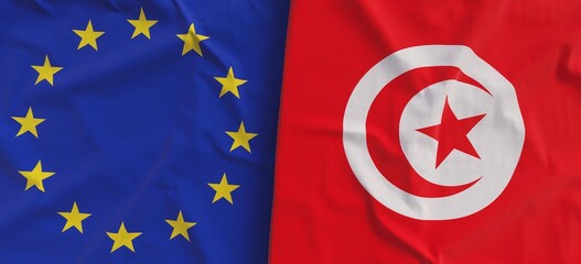 Flags of EU and Tunisia. Linen flags close-up. Flag made of canvas. Flag of European Union. Tunisian. State national symbols. 3d illustration. - obrazy, fototapety, plakaty