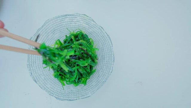 Close up of an algae with chopsticks. Soaked green wakame.