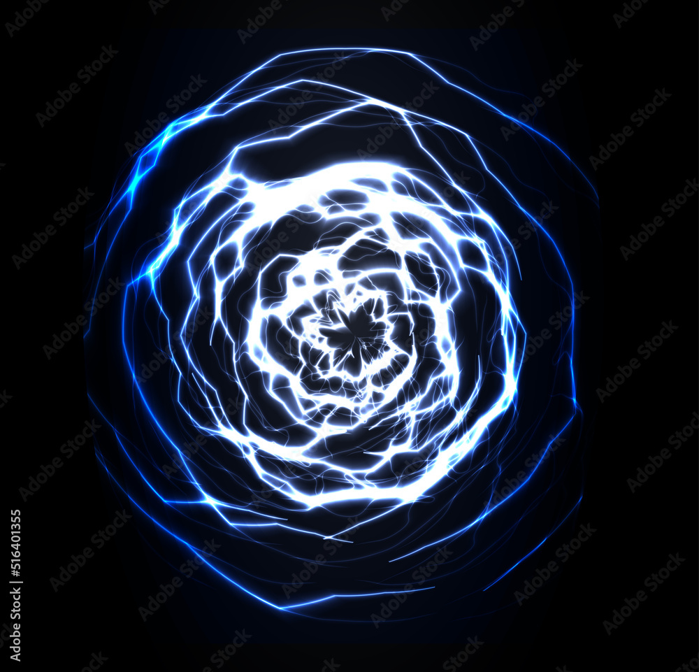Poster spiral fractal background. thunderbolt swirling lightning. blue swirl sphere shape. wormhole funnel.