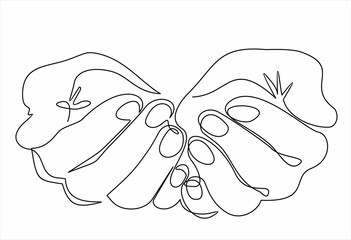 Continuous one single line drawing of hands, palms together. Vector illustration