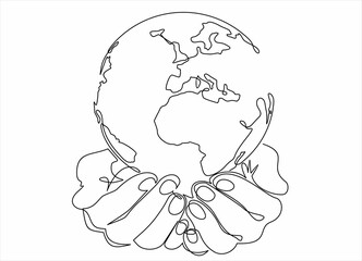 Single continuous line of hands holding  the globe. Earth globe in human hands.
