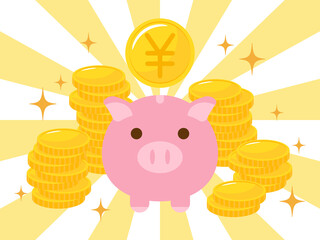 コインタワーとブタさん貯金箱　集中線の背景　円