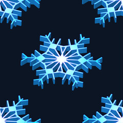 Vector volumetric blue snowflake close-up isolated on a dark blue background for the decoration of holidays Christmas and New Year, a symbol of winter, snowfall icon weather forecast, seamless pattern