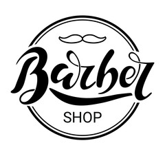 Barber shop. Black letters with moustache in a circle. Digital illustration with vector hand lettering.  Logo for barber shop studio salon business. Print for ads flyer banner poster business card.