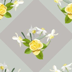 Vector floral seamless pattern on a light pastel background in rhombuses a yellow rose and daffodils, for the design of fabric, wallpaper, of a scarf, napkin, tiles. spring flowers.