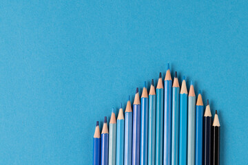Fototapeta Image of row of different shades of blue crayons on blue background obraz