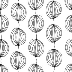 Endless pattern of hand-drawn vertical garlands with balls on a white square background