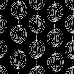 Endless pattern of hand-drawn vertical garlands with balls on a black square background