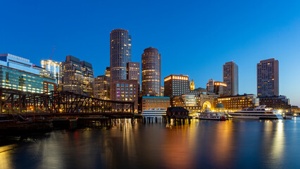 Boston Massachusetts Waterfront Seaport Cityscape Architecture Dawn - obrazy, fototapety, plakaty
