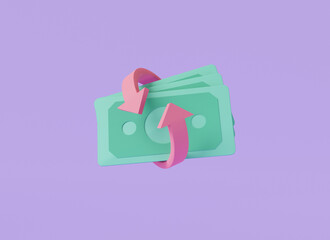 3D icon cashback money refund icon concept isolated on purple background. online payment, money transfer, dollar bill, banknotes, finance, investment. 3d icon render illustration. cartoon minimal