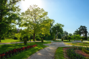 Beautiful garden of Festetics Palace with flowers and green grass and trees on a sunny summer day, Keszthely, Zala, Hungary. Outdoor travel background
