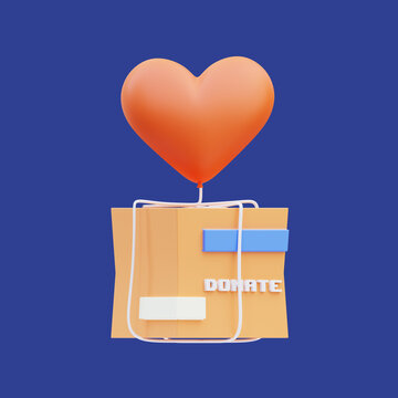 3d Rendering Of Heart Balloon Icon Illustration Carrying A Donation Package, Charity Day