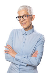 Senior expert! Businesswoman with glasses in a blue shirt and short white hair and glasses