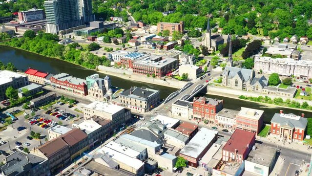Aerial timelapse zoom of Cambridge, Ontario, Canada on a fine morning 4K