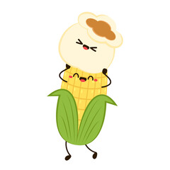 Corn and popcorn cartoon. Vector mascot, cartoon and illustration of a corn holding popcorn. Character design.