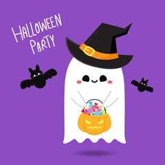 Happy halloween party greeting card with cute ghost. Holidays cartoon character. Trick or treat design with cute pumpkin. Halloween funny cartoon.