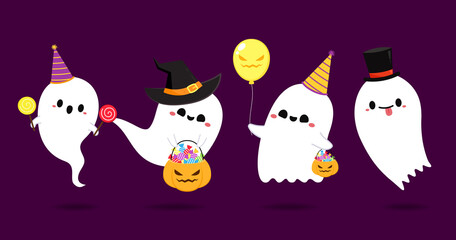 Happy halloween party greeting card with cute ghost. Holidays cartoon character. Cute spooky ghosts.