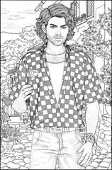 A man in casual clothes stands holding a rose with the idyllic Italian summer view of the old town in the background. Relaxing coloring page for teens and adults. Lineart on a white page.