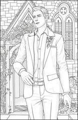 Fototapeta na wymiar A man in a wedding suit stands in front of the ancient English church decorated with flower arches. Relaxing coloring page for teens and adults. Line drawing on white background