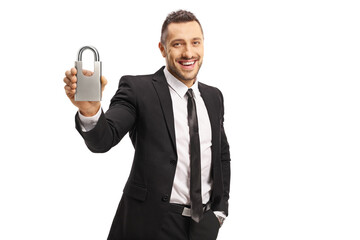 Businessman showing a padlock and smiling