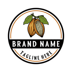 Cocoa fruit logo design. the theme of two cacao pods hanging on a tree trunk is good for factories and coffee shops