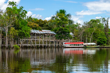 Fototapeta na wymiar Amazon Green Rainforest Riverbank. Traditional local fishing boats, view from inside. Amazon jungle, near Iquitos, Peru. South America. 