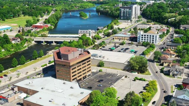 Aerial timelapse view of Cambridge, Ontario, Canada on a beautiful morning 4K