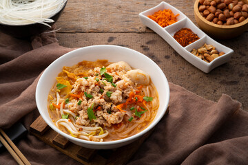 Tom Yum noodle soup ,Rice Stick Noodles with Minced Pork and meatball.popular hot and spicy soup in Thailand