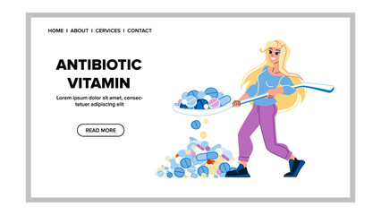 antibiotic vitamin vector. medicine pill, hand capsule, drug eat antibiotic vitamin web flat cartoon illustration