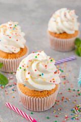 Delicious vanilla cupcakes with cream cheese and sugar candy on a gray background. Dessert for birthday. selective focus, copy space.