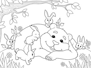 Kind brown bear with the little rabbits in the forest. Children coloring book, vector.