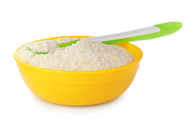 Dry healthy baby food in bowl on white background