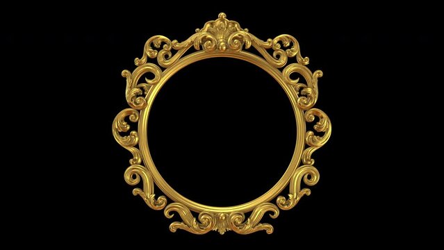Vintage Royal, Baroque style gold decorative round shaped mirror or picture frame with carved filigree ornaments. Richly decorated 3D looping animation with alpha matte.