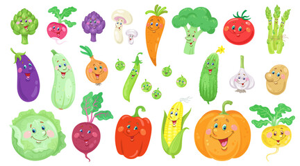 Big collection of funny colorful vegetables. In a cartoon style. Isolated on white background. Vector flat illustration.