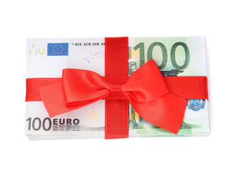 100 Euro banknotes with red ribbon isolated on white, top view. Money exchange