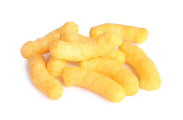Many tasty cheesy corn puffs isolated on white