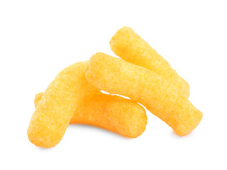 Tasty cheesy corn puffs isolated on white