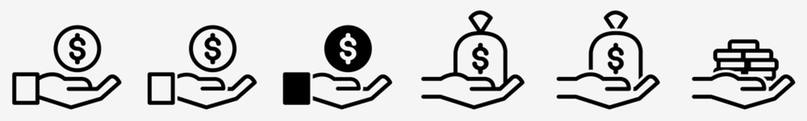 Hand Holding Money Icon Coin Money Hand Set | Hands Money Icon Income Vector Profit Illustration Logo | Money Bag Hand Icon Isolated Cash Hand Money