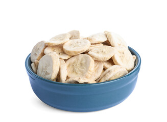 Freeze dried bananas in bowl on white background