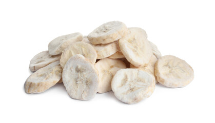 Pile of freeze dried bananas on white background