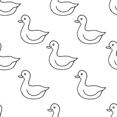 Beautiful background of toy ducks drawn with black marker on white paper. Seamless ducks pattern. Print for bed linen.